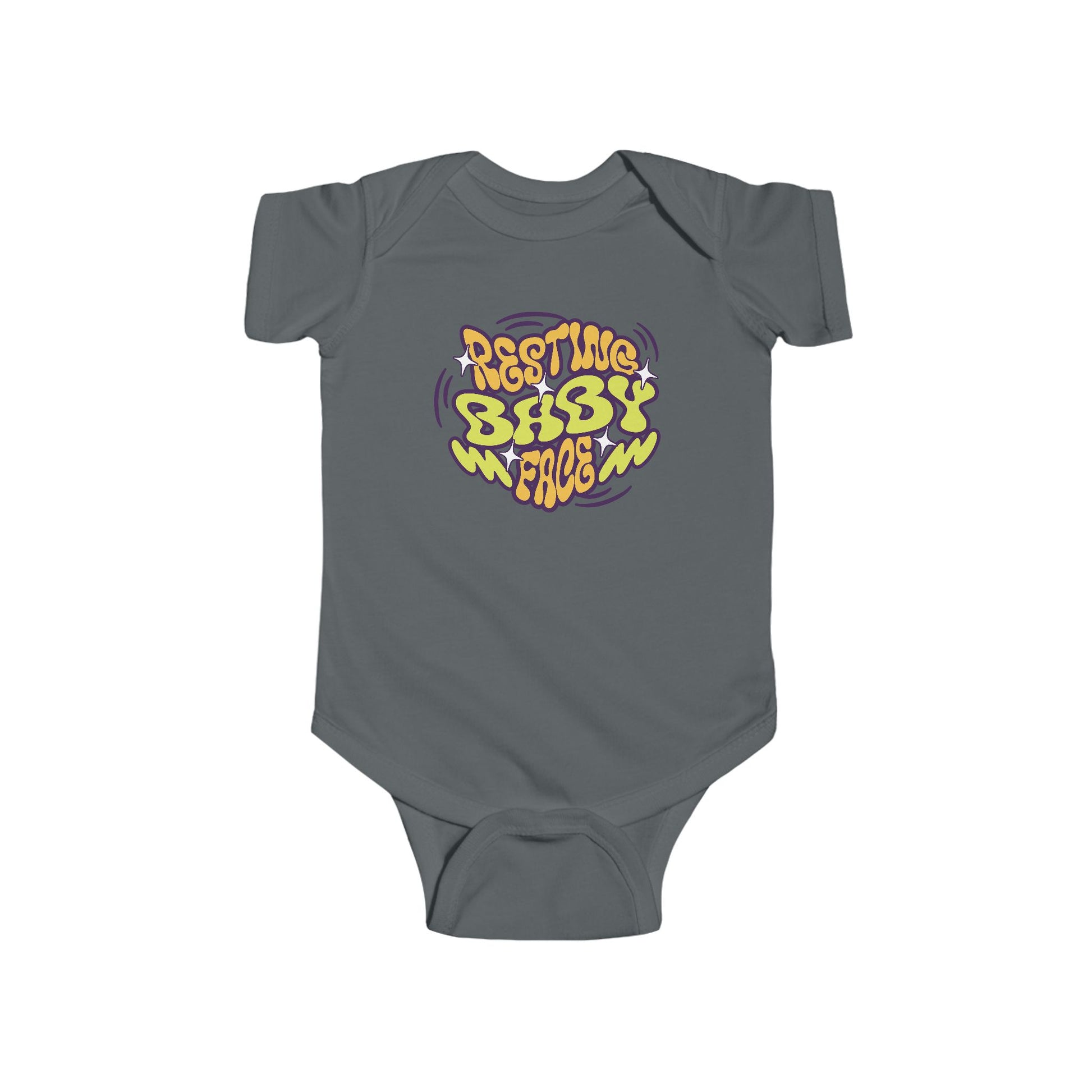 charcoal grey infant bodysuit that with a wavy retro graphic on the front that says RESTING BABY FACE