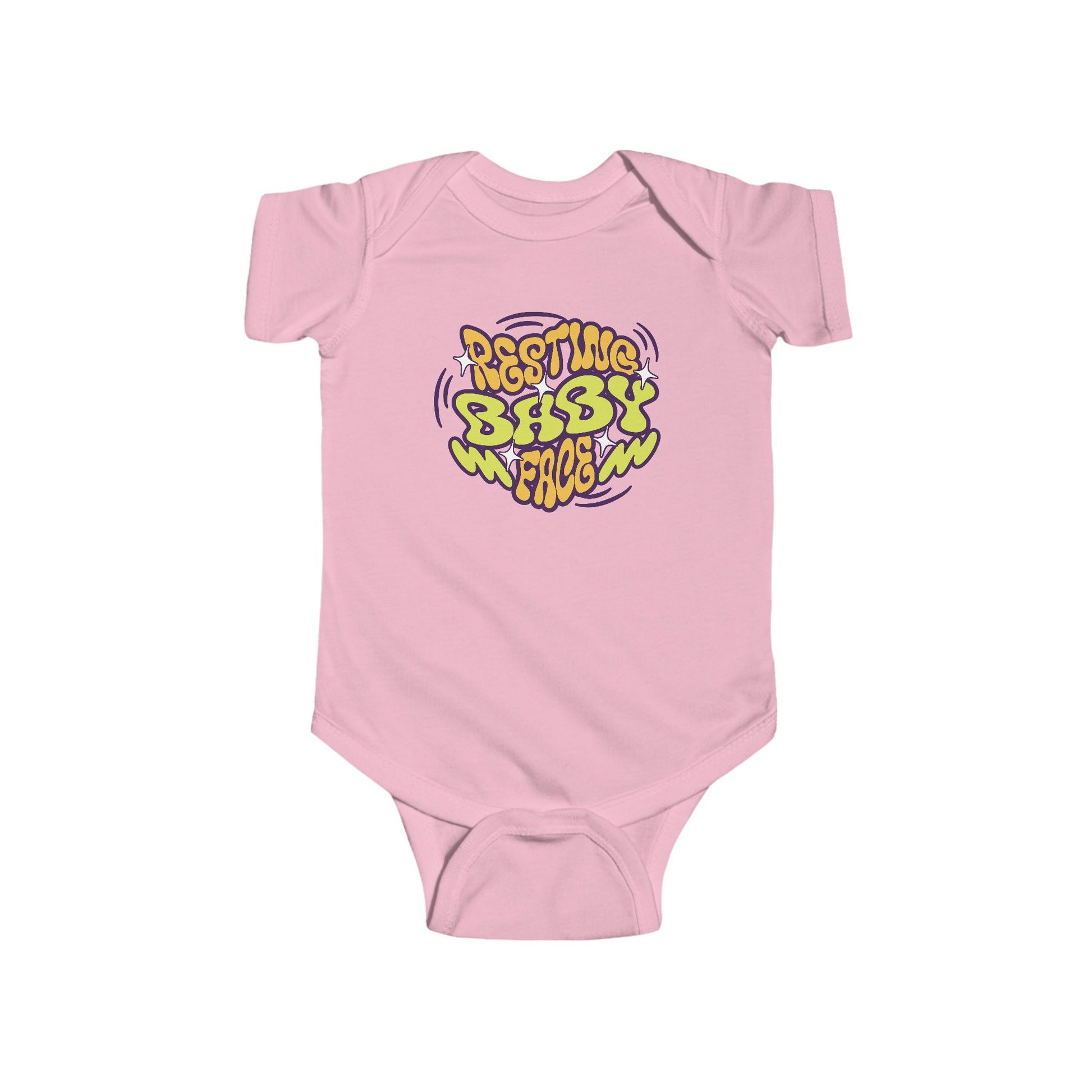 light pink infant bodysuit that with a wavy retro graphic on the front that says RESTING BABY FACE