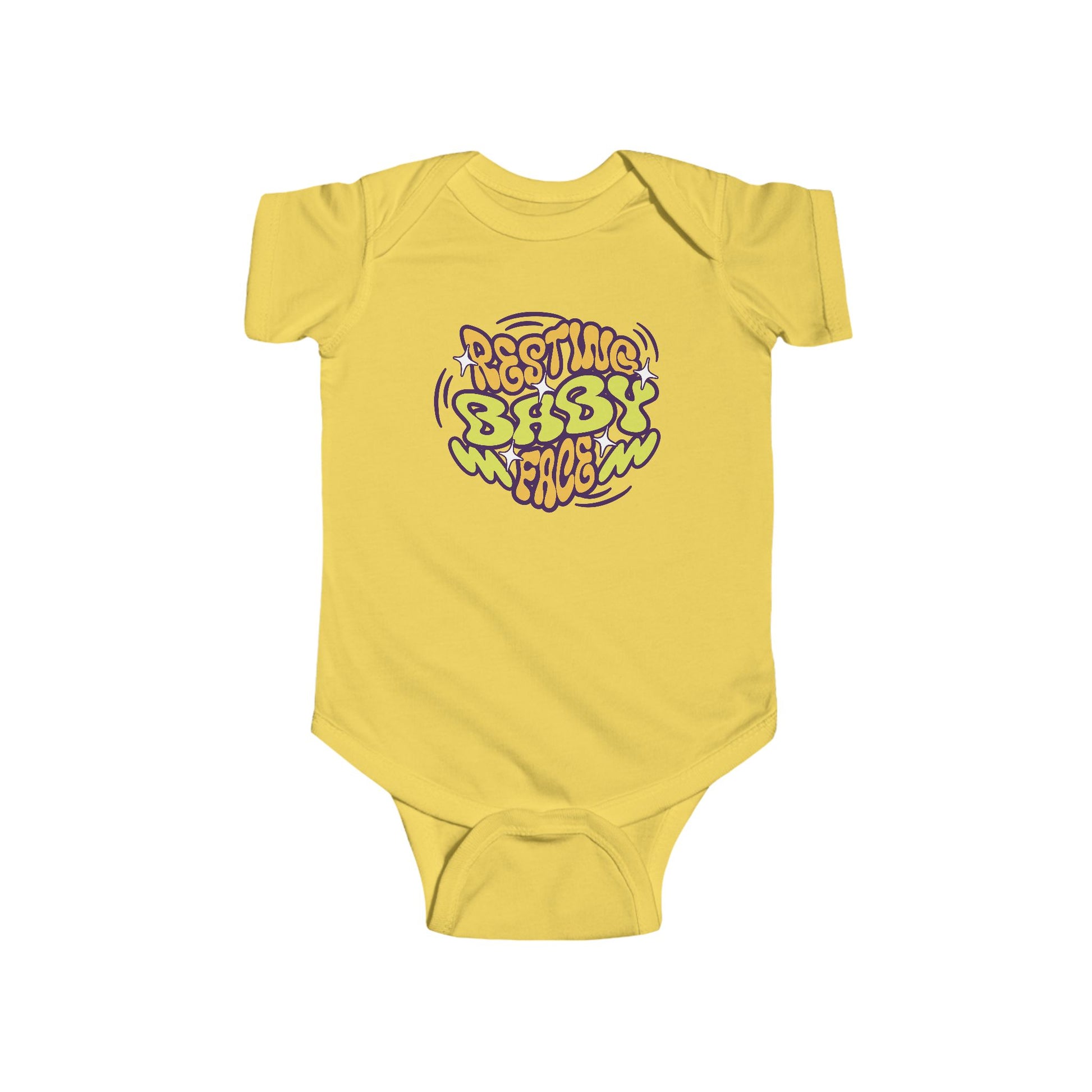 yellow infant bodysuit that with a wavy retro graphic on the front that says RESTING BABY FACE