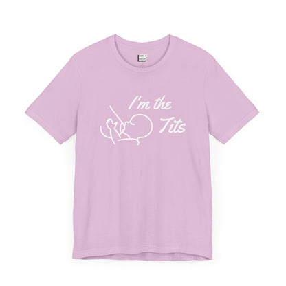 Lilac purple breastfeeding t-shirt that says I'm the tits in white print with a minimalist drawing of a baby nursing from a breast.