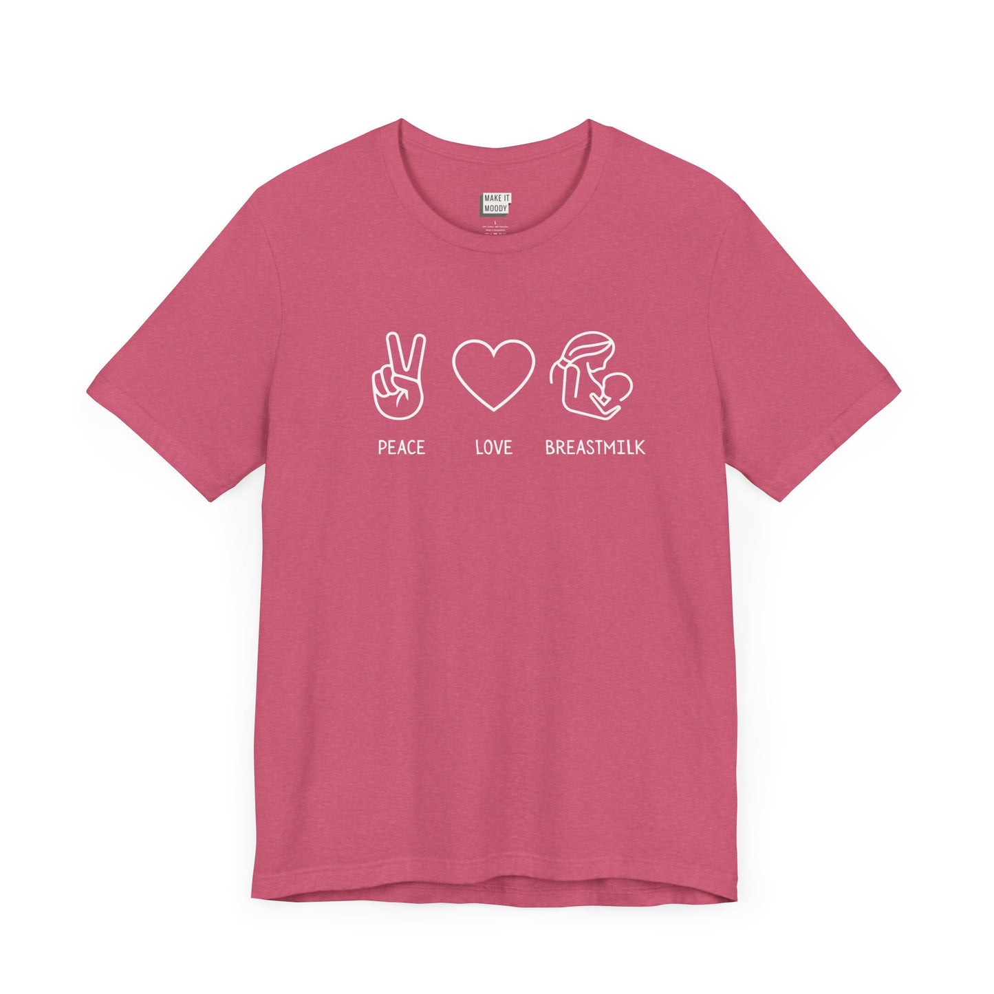 Pink breastfeeding t-shirt that says PEAVE LOVE BREASTMILK.