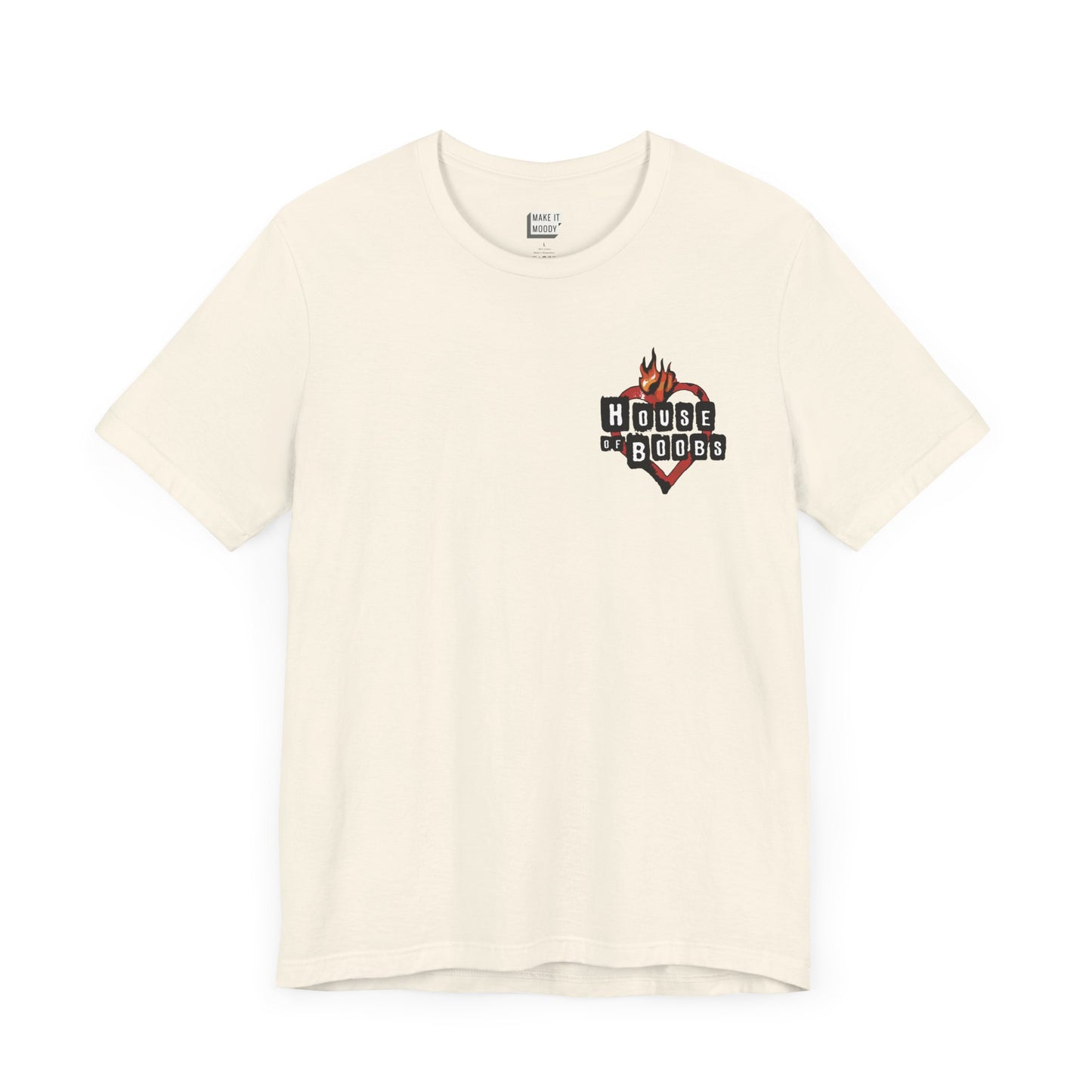 Off-white breastfeeding t-shirt with house of boobs printed on the left pocket area, reminiscent of the house of blues logo.