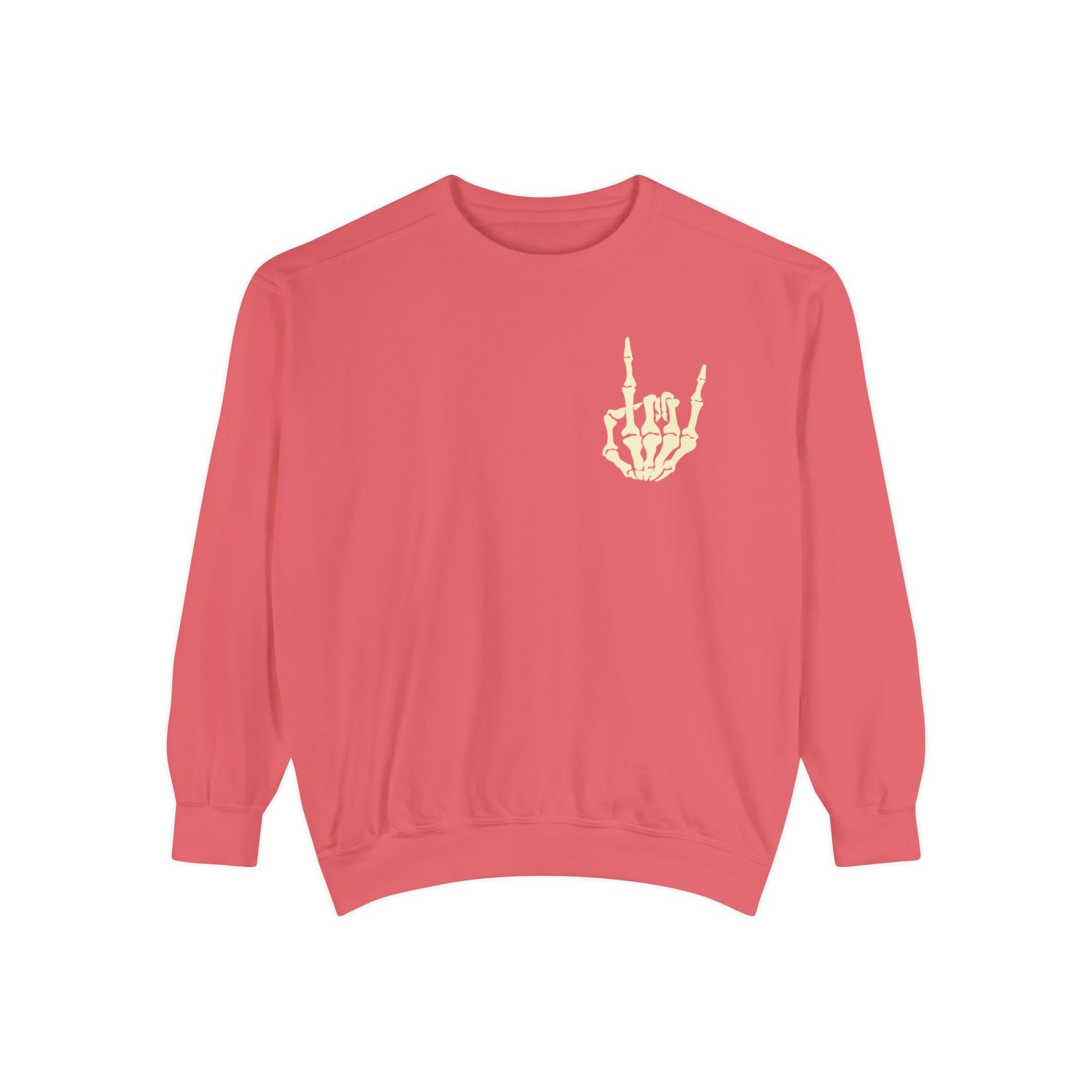 Watermelon-colored "Life of the After Party" Halloween Sweatshirt featuring a skeleton hand graphic making a love gesture on the front left side.