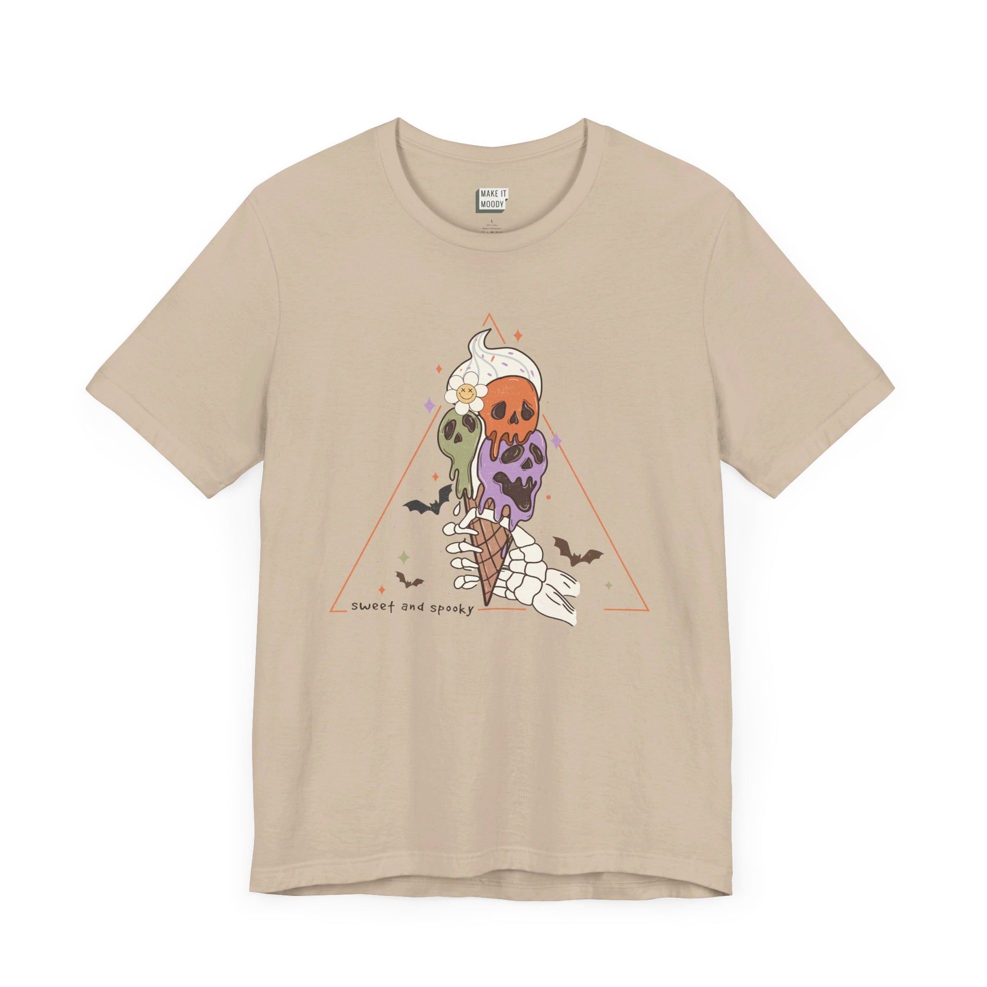 cute halloween t-shirt with an ice cream cone graphic that says sweet and spooky