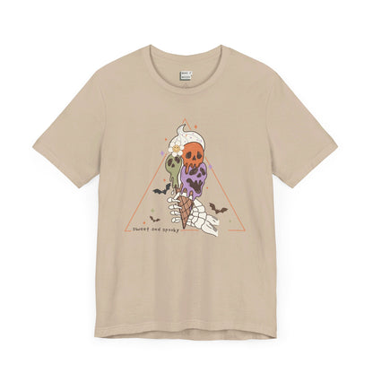 cute halloween t-shirt with an ice cream cone graphic that says sweet and spooky