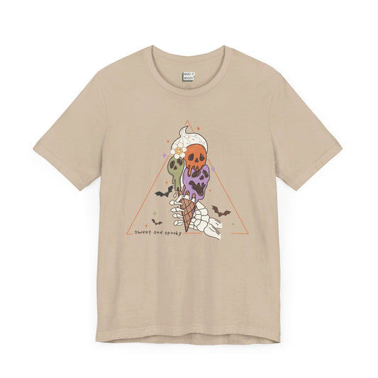 cute halloween t-shirt with an ice cream cone graphic that says sweet and spooky