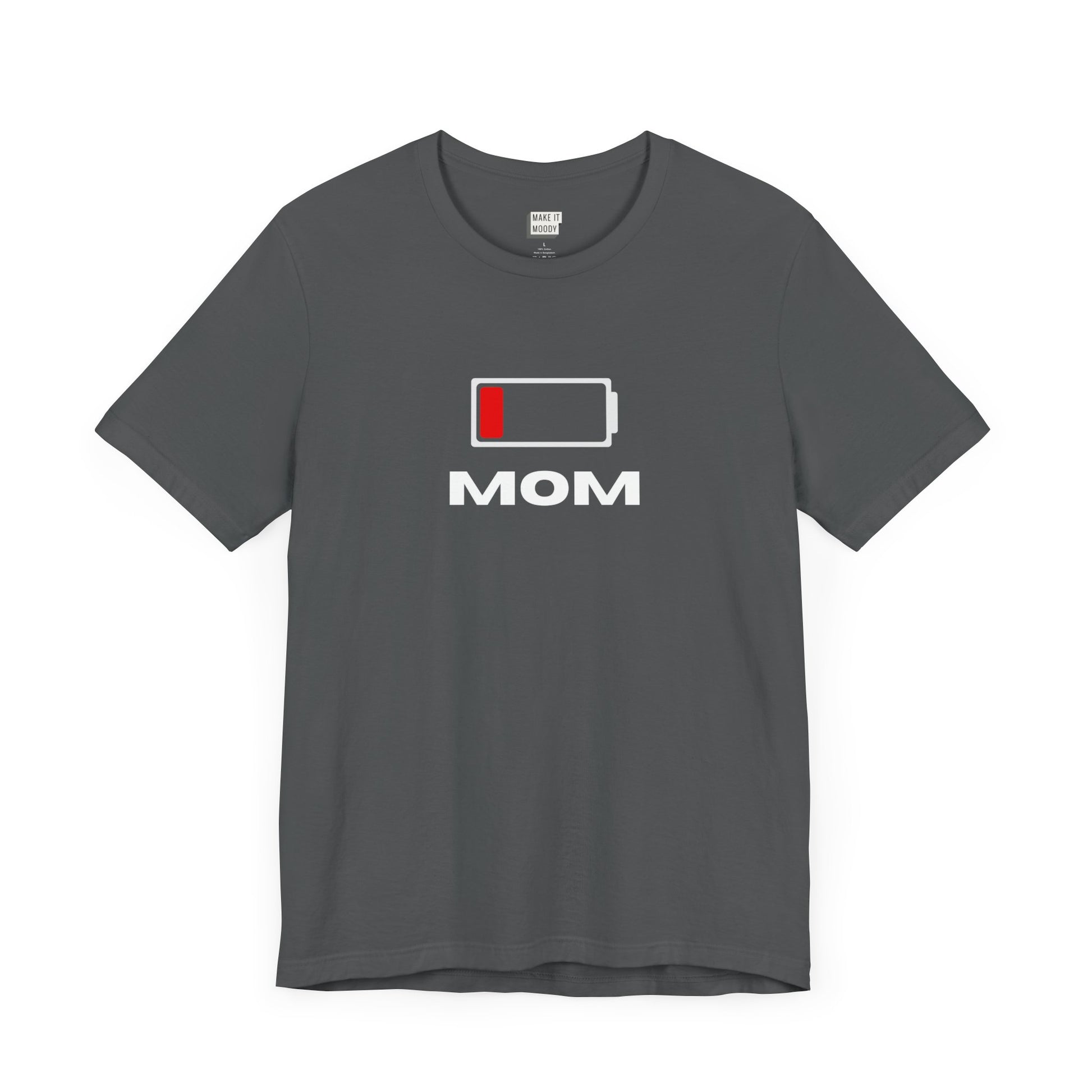 A mom t-shirt in grey with a battery icon depicting low battery in red with the word MOM in bold white lettering below the icon. 