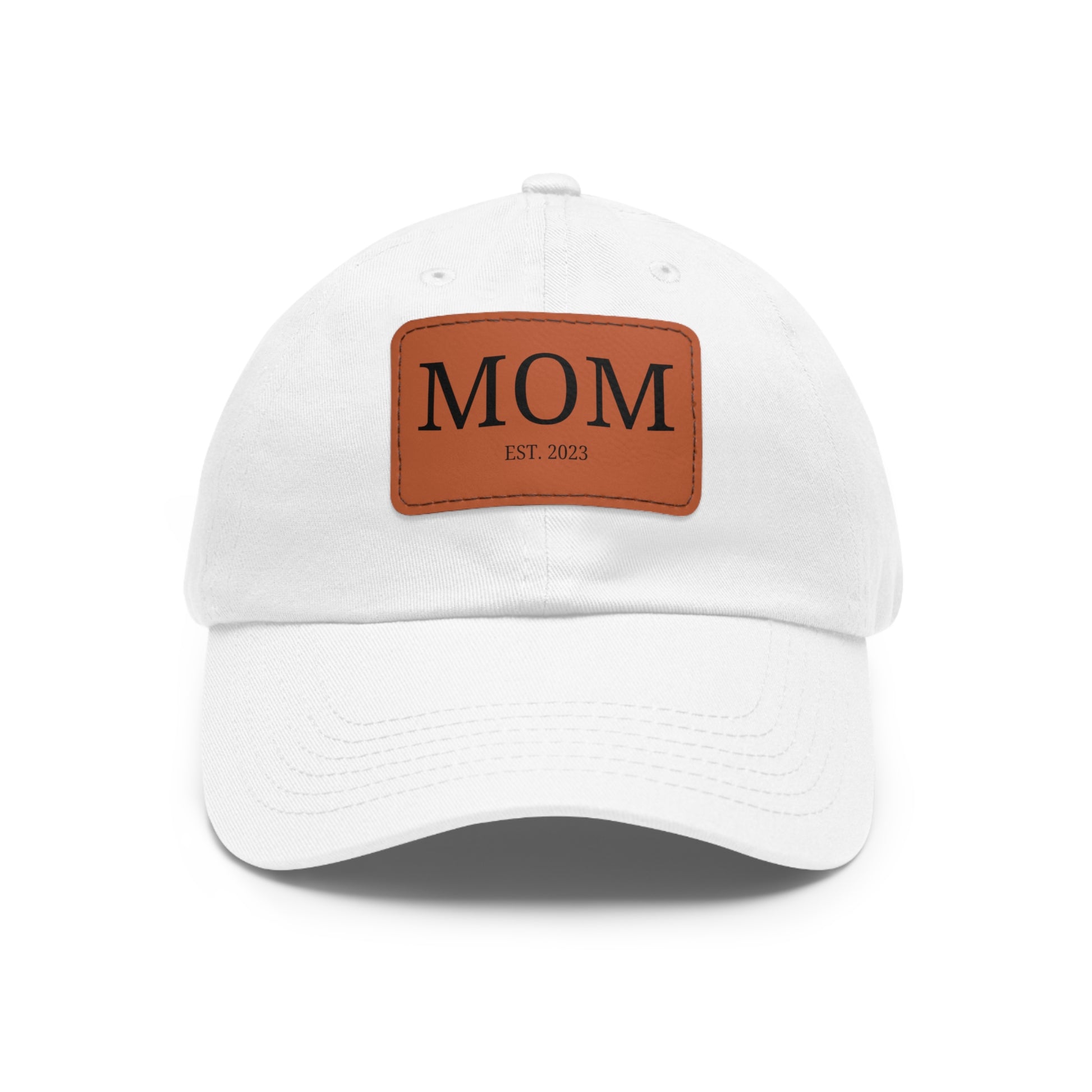 White "Mom Est. 2023 Hat" with a brown leather patch on the front that reads "MOM EST. 2023.