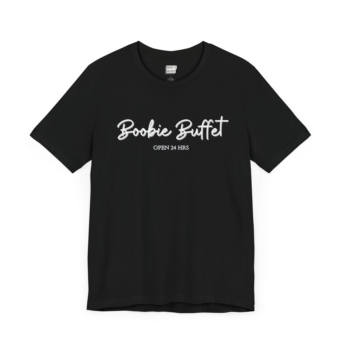 Black breastfeeding t-shirt with boobie buffet, open 24 hrs printed on the front in white.