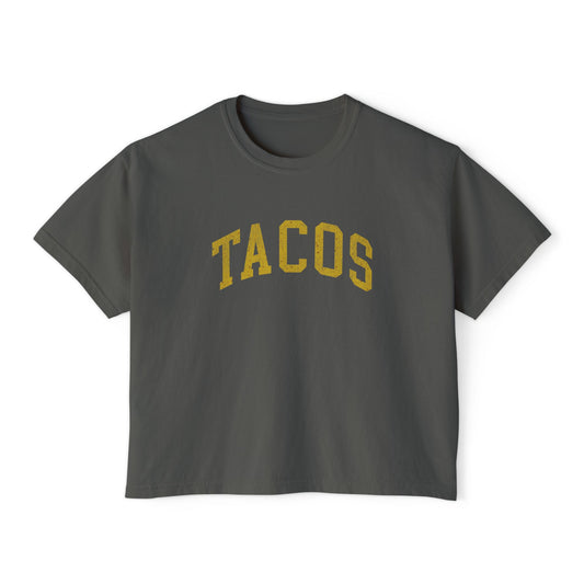 boxy women's tshirt that says tacos on the front in block letters