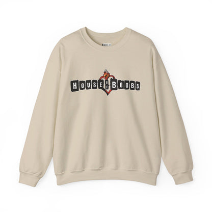 Sand colored breastfeeding sweatshirt that says house of boobs on the front.