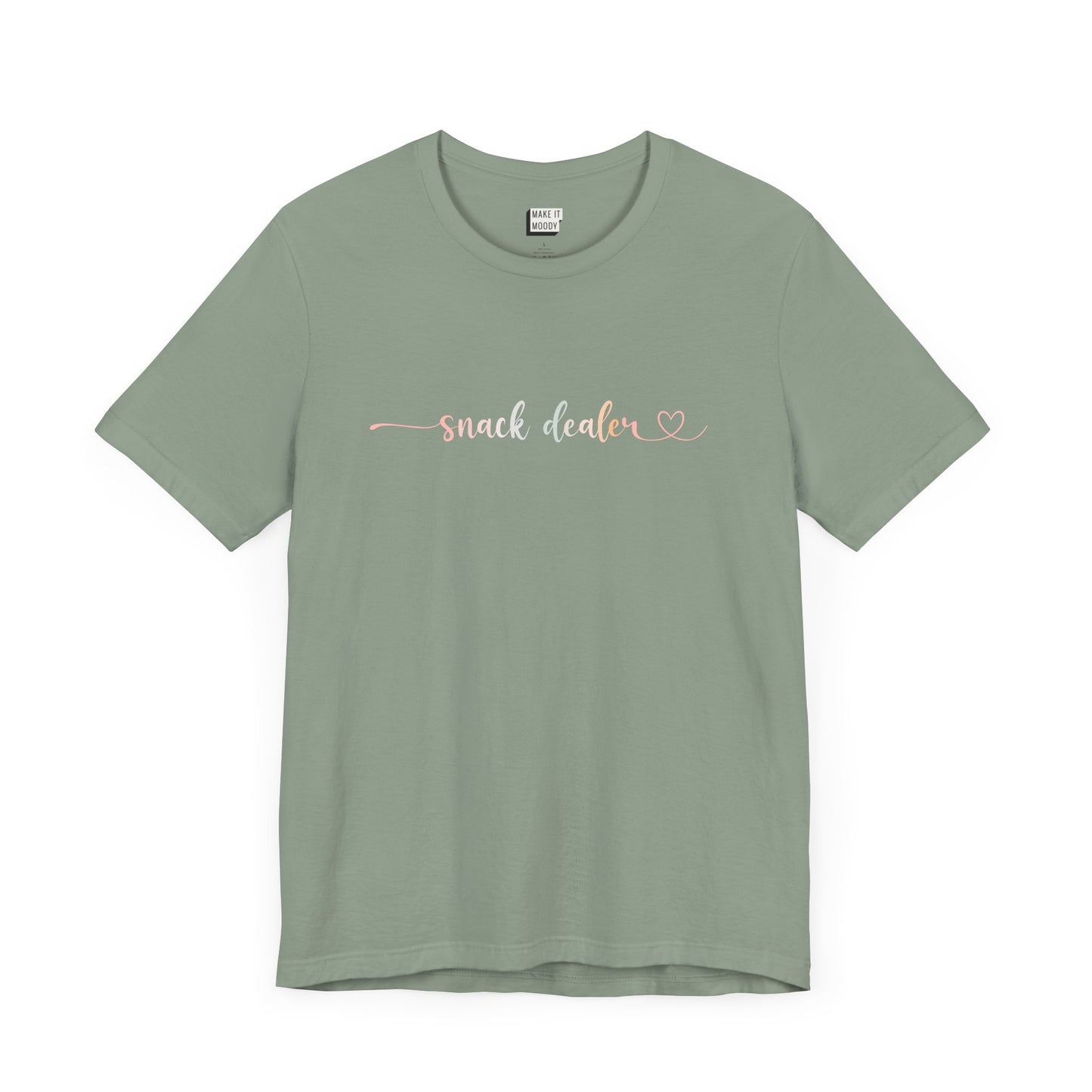 sage green funny shirt for moms in grey with the words, "Snack Dealer" on the front in script font.