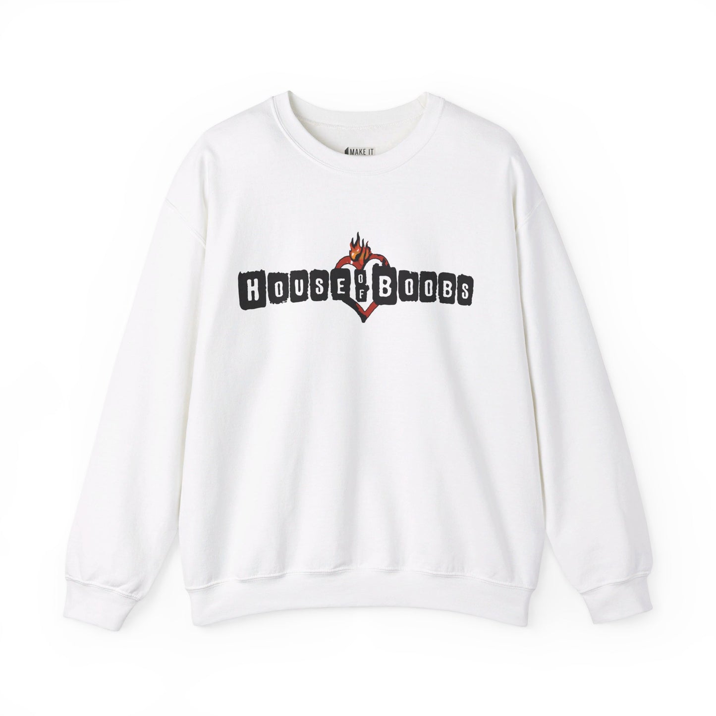 White breastfeeding sweatshirt that says house of boobs on the front.