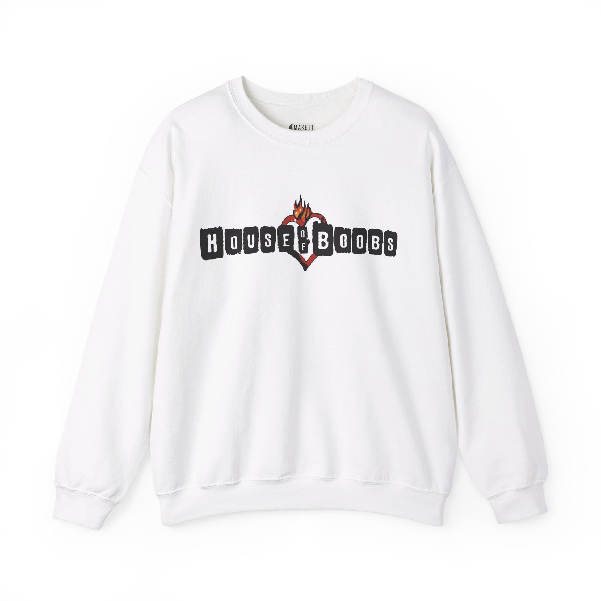 White breastfeeding sweatshirt that says house of boobs on the front.