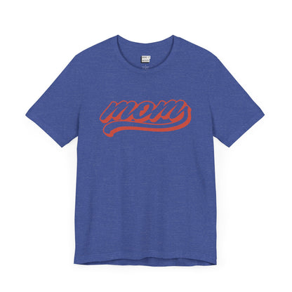 Heather royal blue baseball style Mom Tee with the word MOM written in red cursive text.