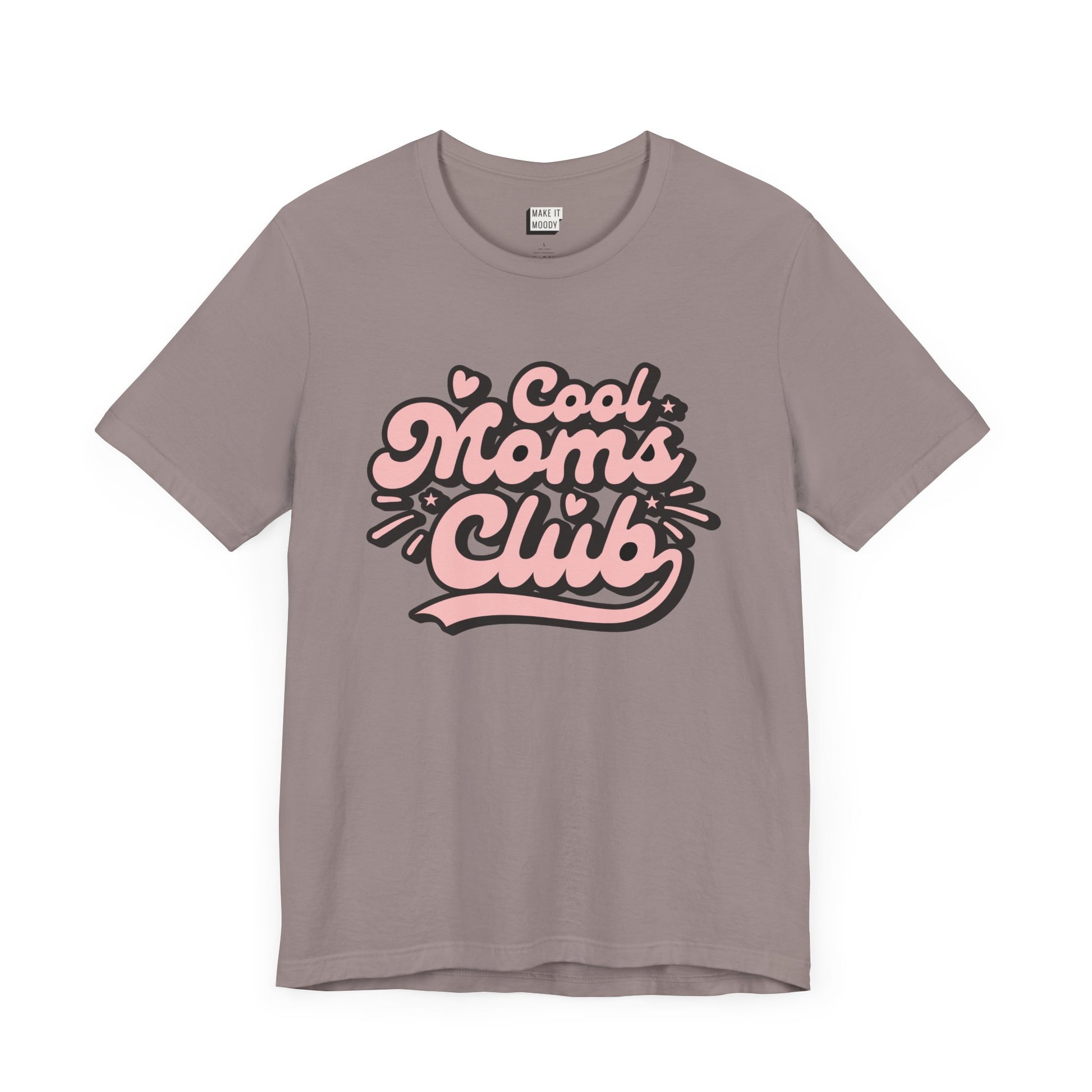 Pebble brown mom t-shirt that says cool moms club in pink and black retro font.