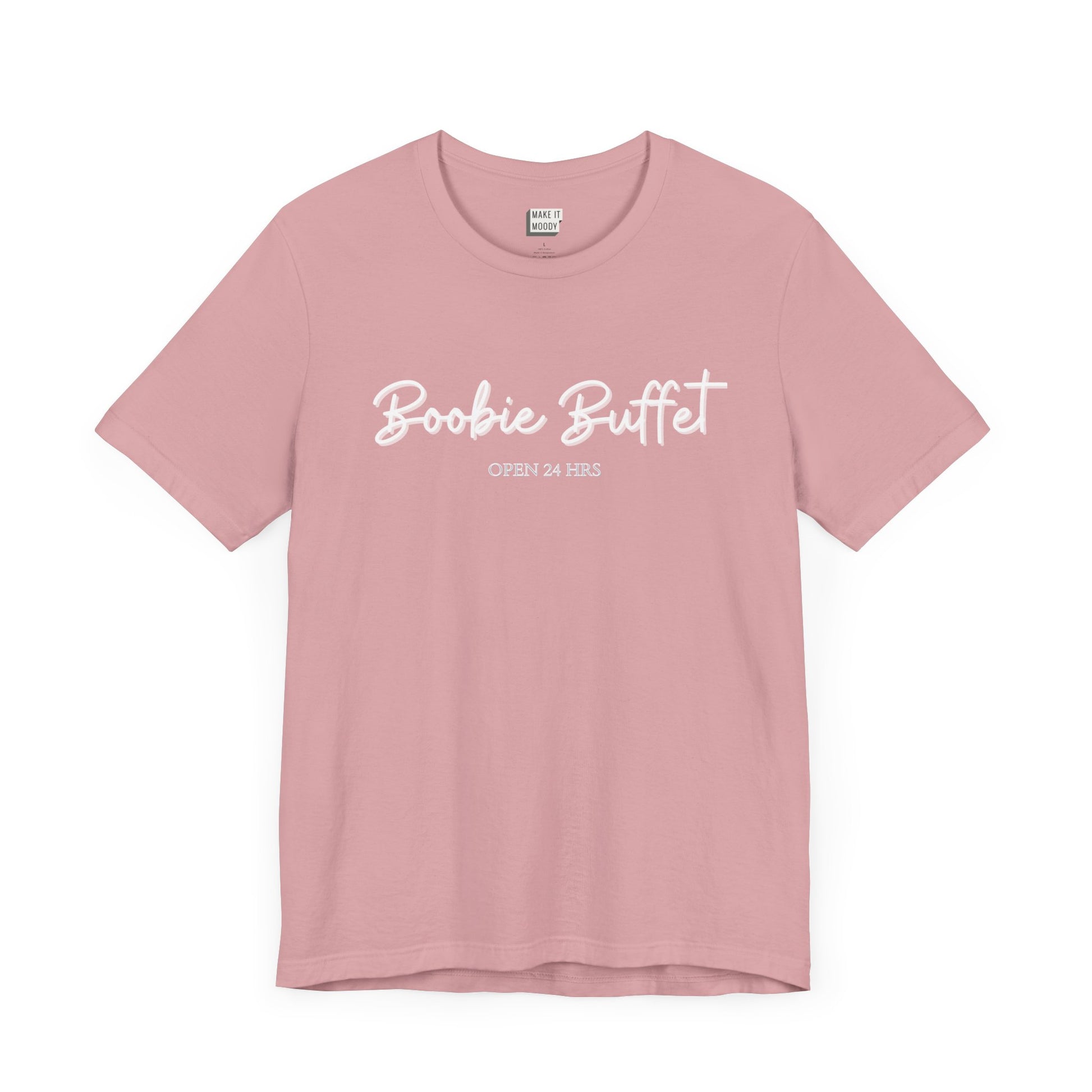 Orchid pink breastfeeding t-shirt with boobie buffet, open 24 hrs printed on the front in white.