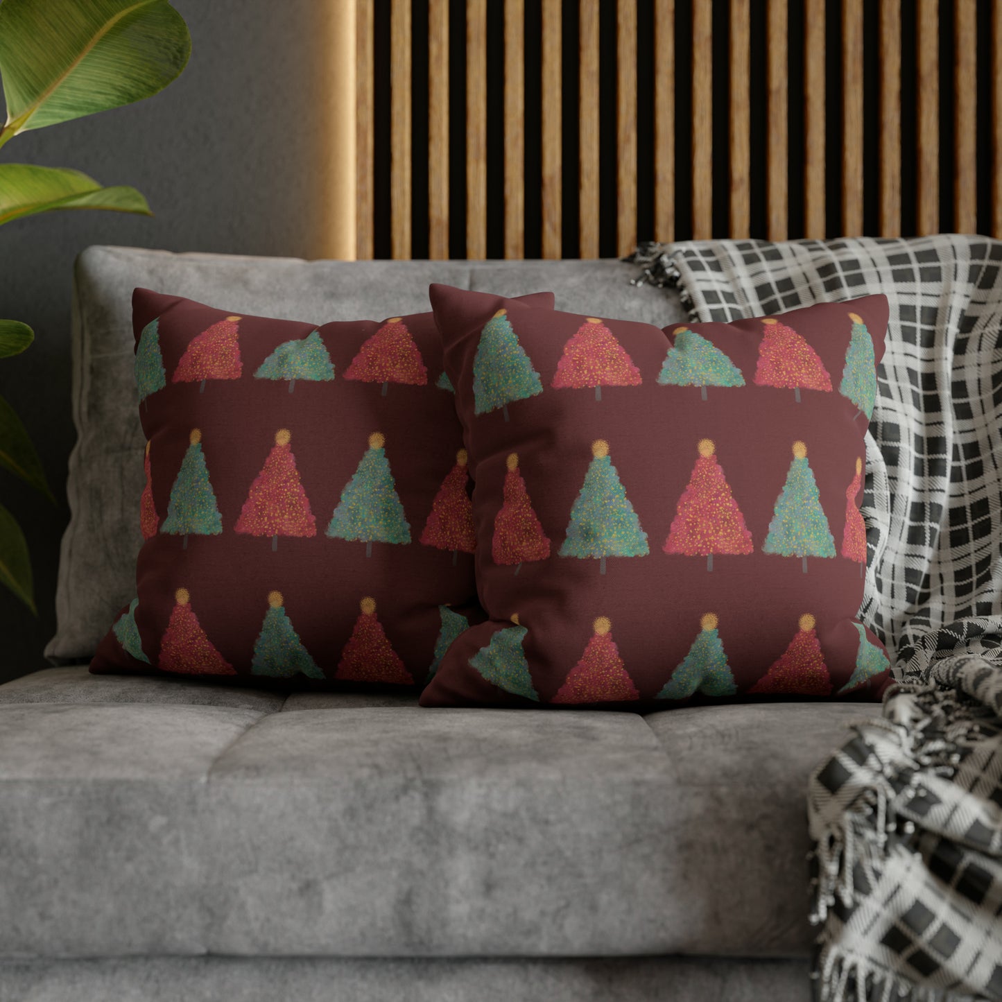 Tree Pattern Christmas Pillow Cover, Maroon