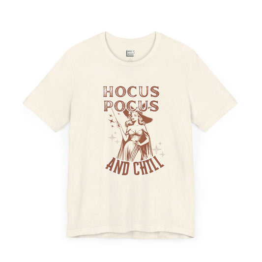 retro style halloween t-shirt that says hocus pocus and chill
