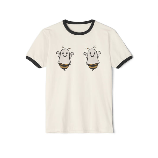 Halloween breastfeeding T-Shirt in white with black trim, featuring two half ghost/half bee illustrations side by side over the chest area where the breasts would be.