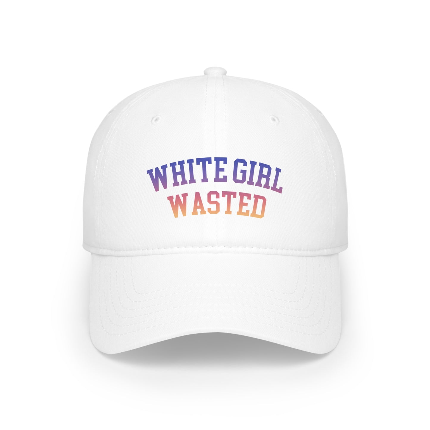 Funny drinking hat in white that says WHITE GIRL WASTED on the front in purple to orange gradient university style font.