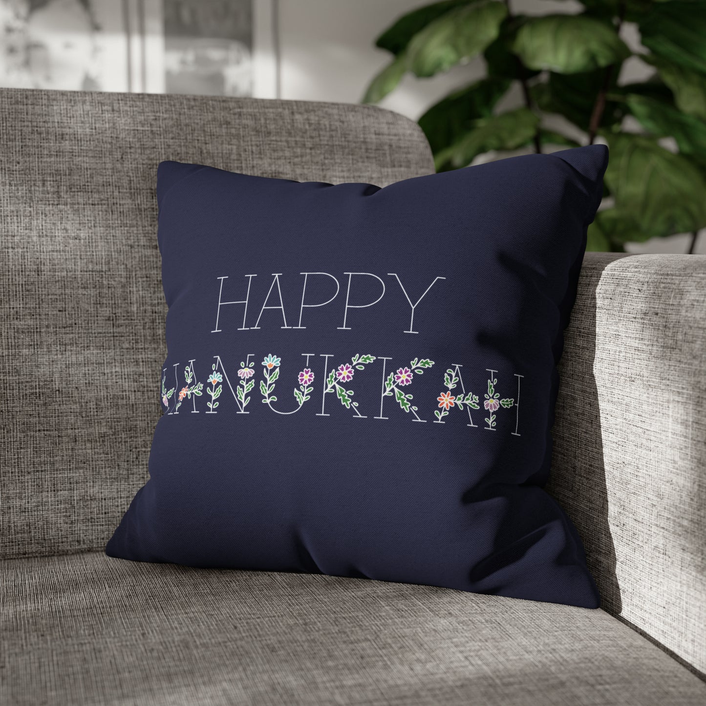 Floral "Happy Hanukkah" Hanukkah Pillow Cover