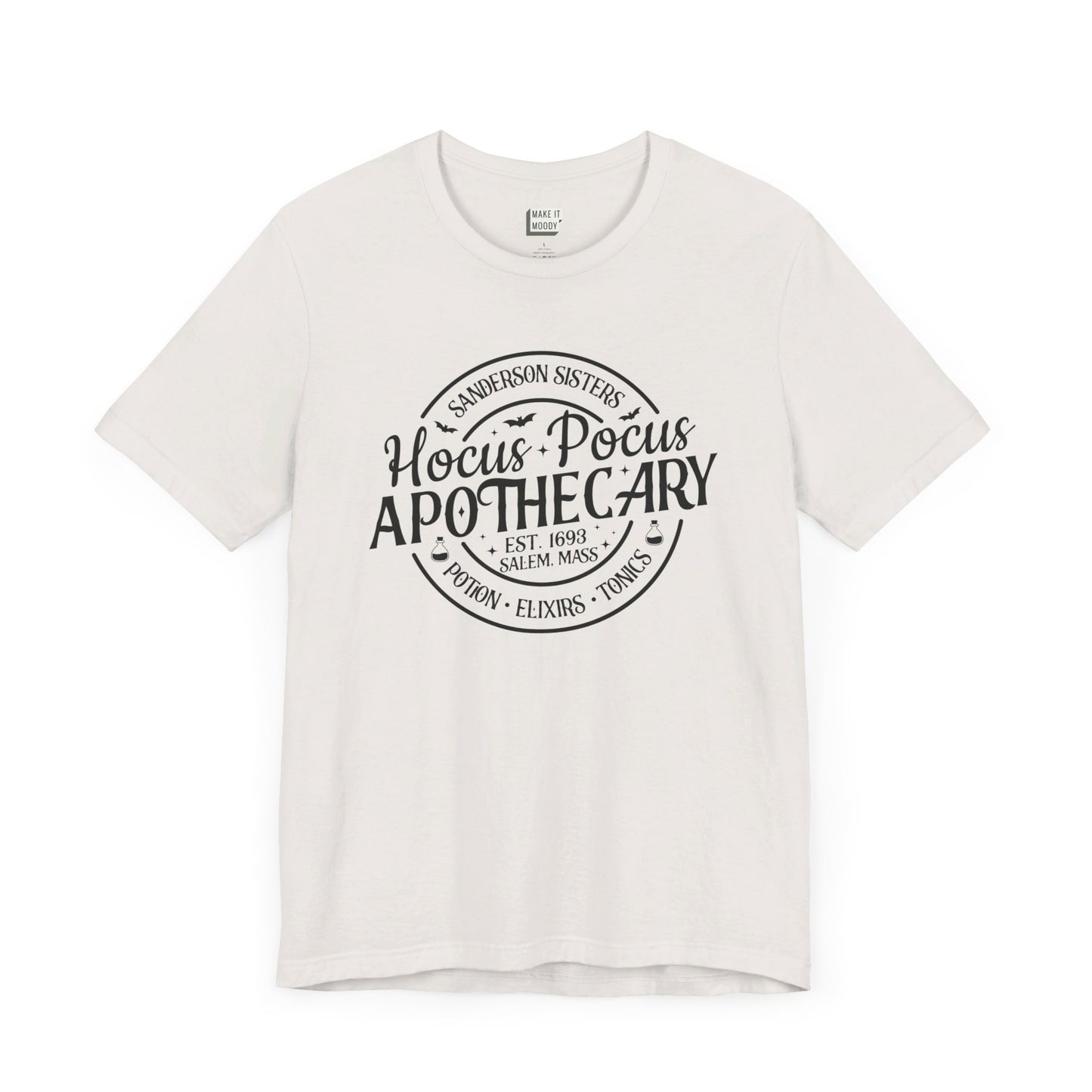 vintage white t-shirt that says, sanderson sisters hocus pocus apothecary on the front