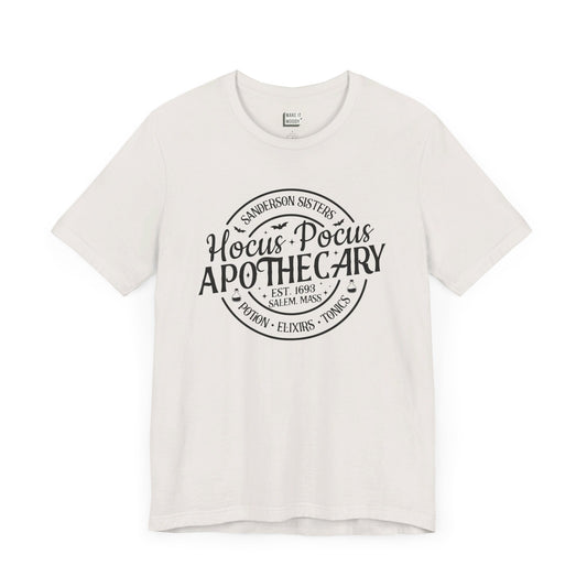 vintage white t-shirt that says, sanderson sisters hocus pocus apothecary on the front