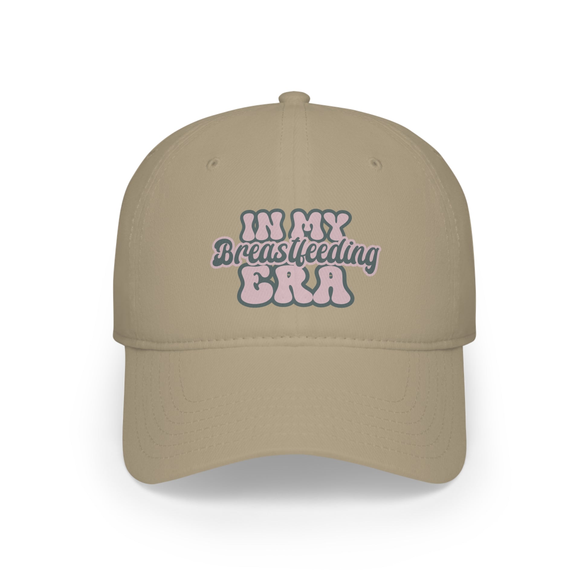 Khaki retro style "In My Breastfeeding Era" Breastfeeding Hat featuring pink and gray text on the front, made from 100% Cotton Twill.