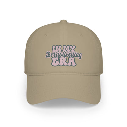 Khaki retro style "In My Breastfeeding Era" Breastfeeding Hat featuring pink and gray text on the front, made from 100% Cotton Twill.