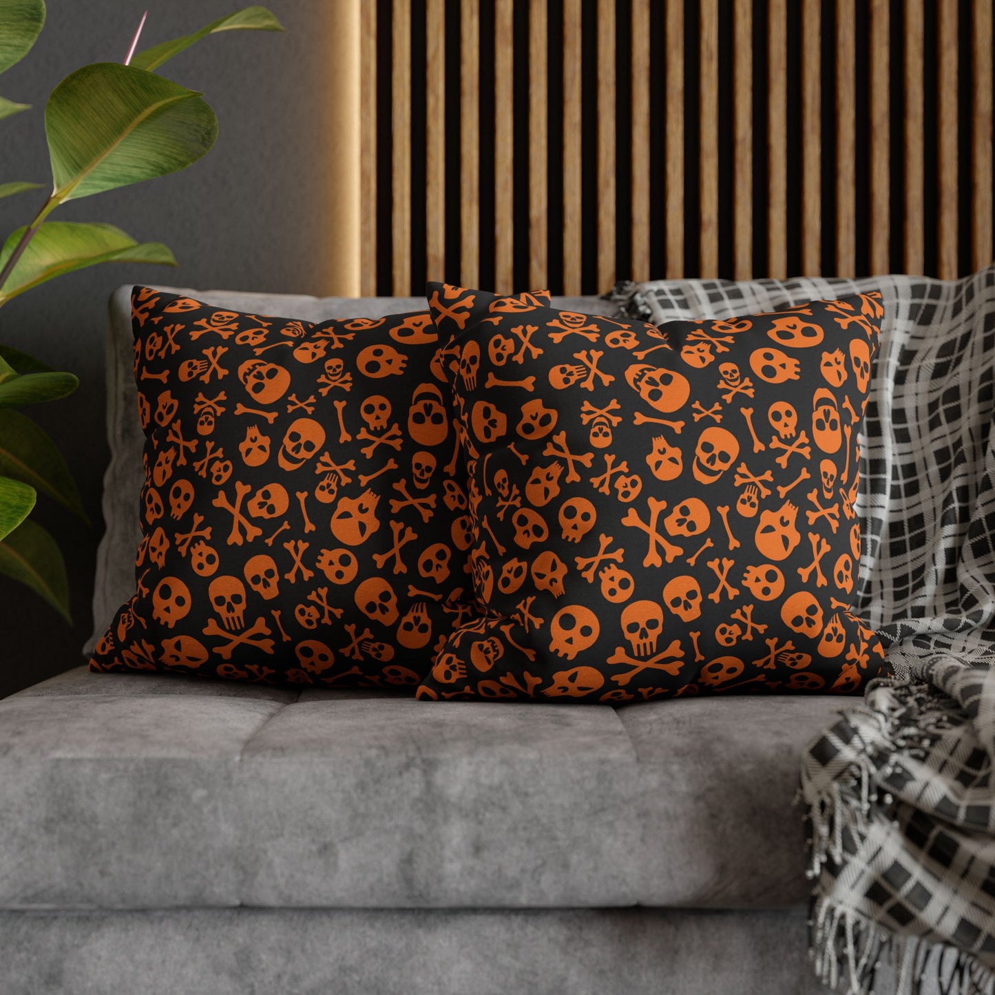 Skull & Crossbones, Orange - Halloween Pillow Cover