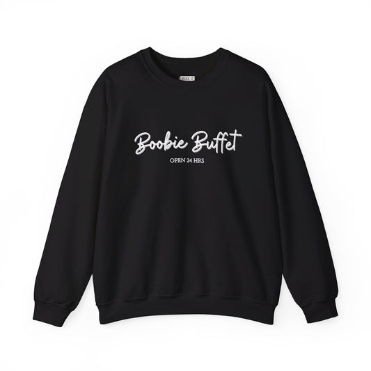 Black breastfeeding sweatshirt that says BOOBIE BUFFET OPEN 24 HOURS on the front in script lettering.