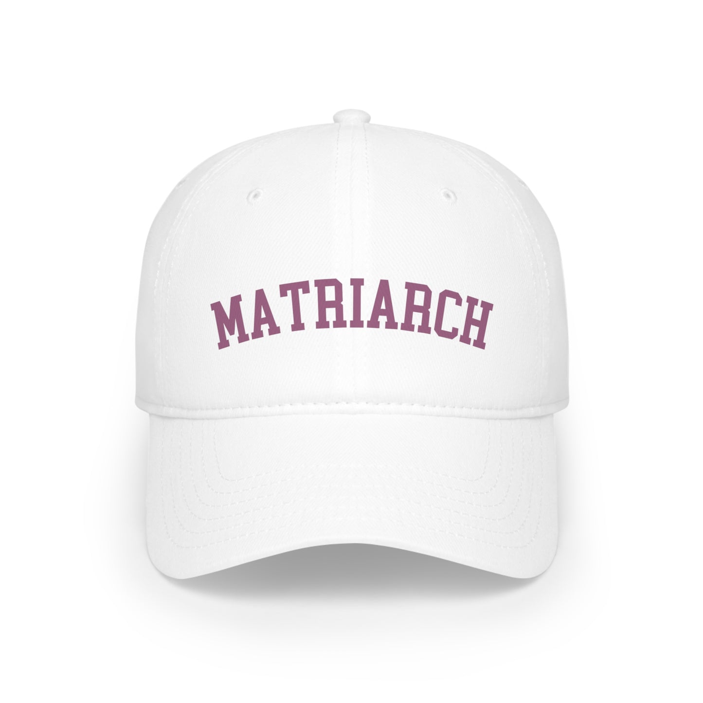 White "Matriarch" Mom Hat with the word "MATRIARCH" in bold, purple letters on the front.