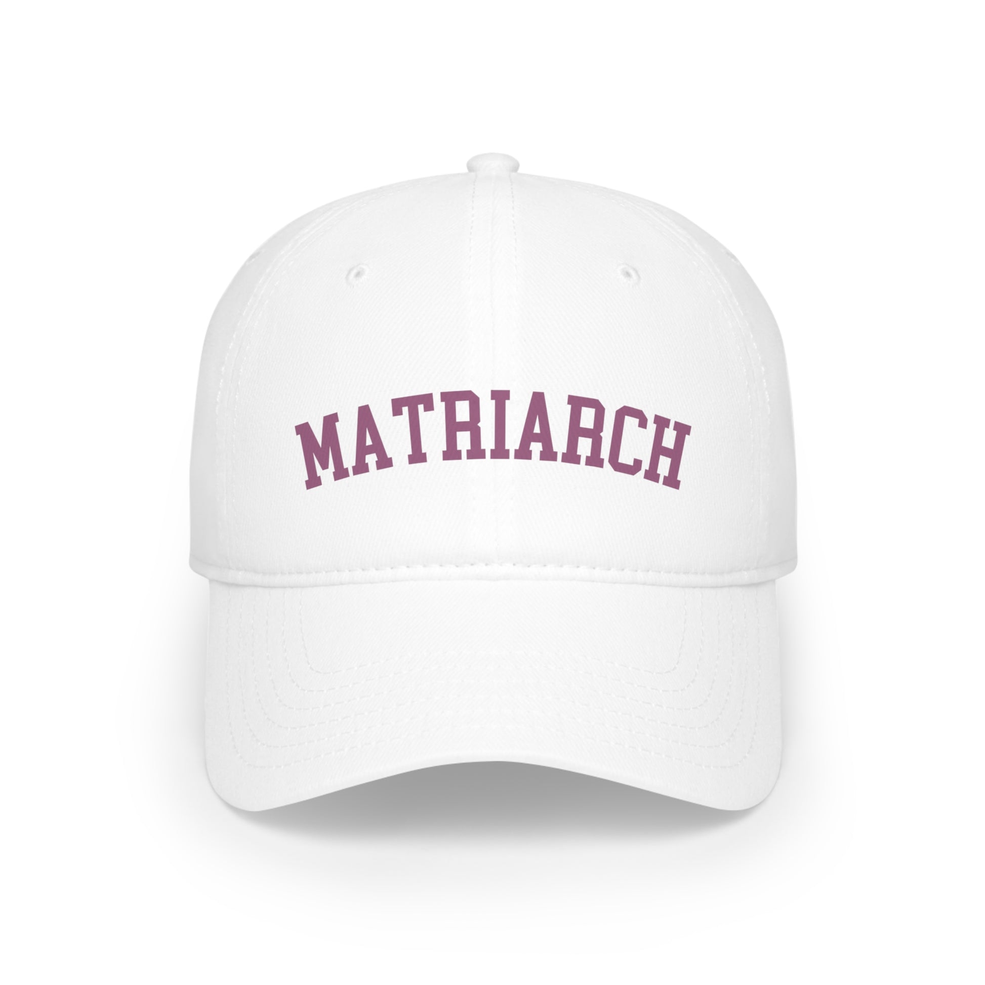 White "Matriarch" Mom Hat with the word "MATRIARCH" in bold, purple letters on the front.