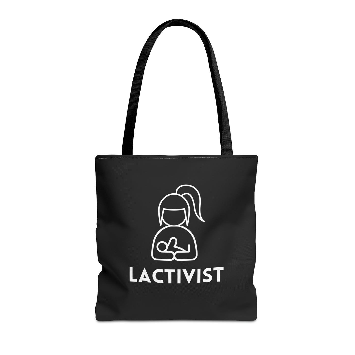 The "Lactivist" Breastfeeding Tote Bag in black showcases an illustration of a person breastfeeding a baby and comes with durable, comfortable cotton handles.