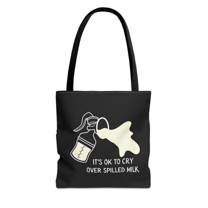 Breastfeeding breast pump tote bag with a breast pump graphic that says It's OK to Cry Over Spilled Milk