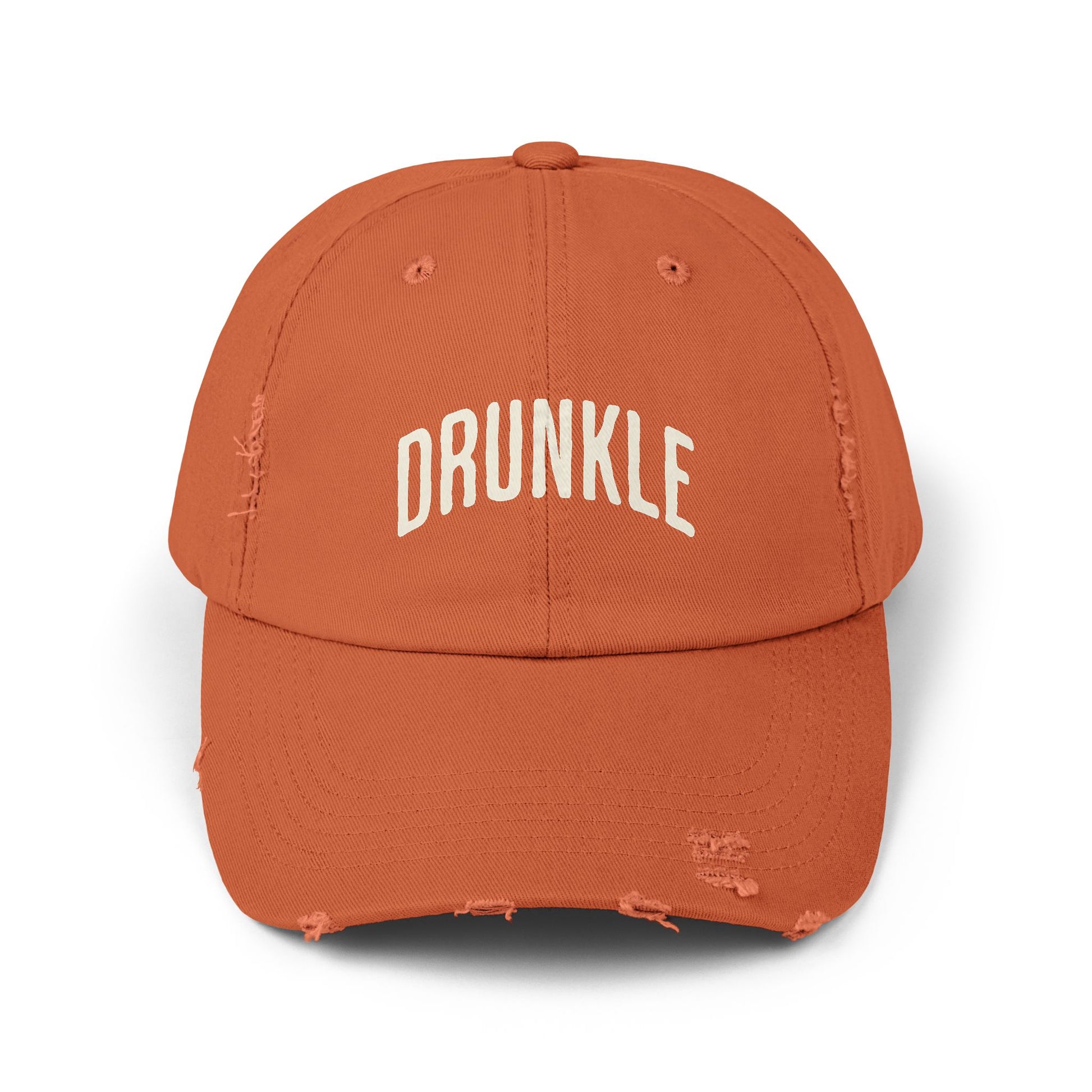 Orange colored hat that says DRUNKLE on the front in arched lettering.