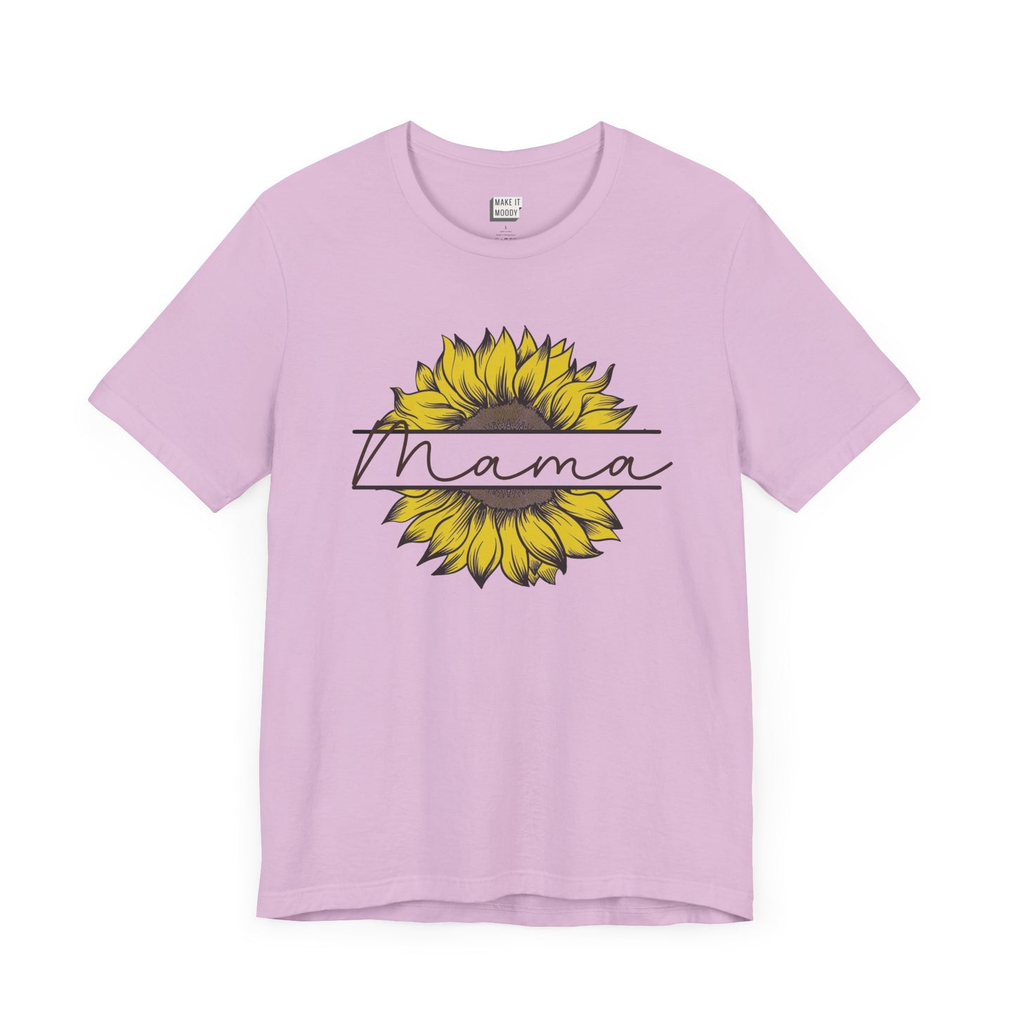 Mom t-shirt in light purple featuring a sunflower graphic with the word Mama across it in script font.