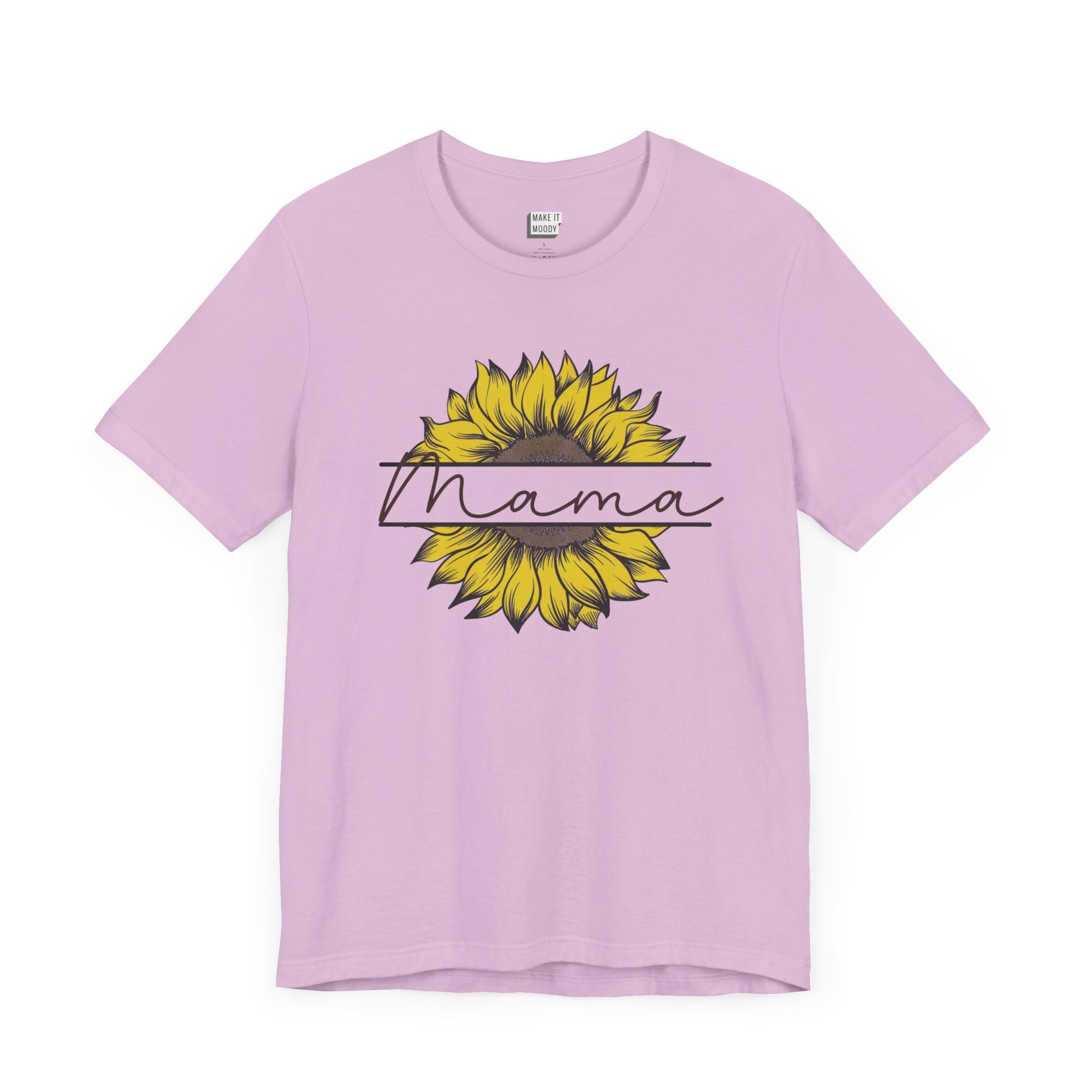 Mom t-shirt in light purple featuring a sunflower graphic with the word Mama across it in script font.