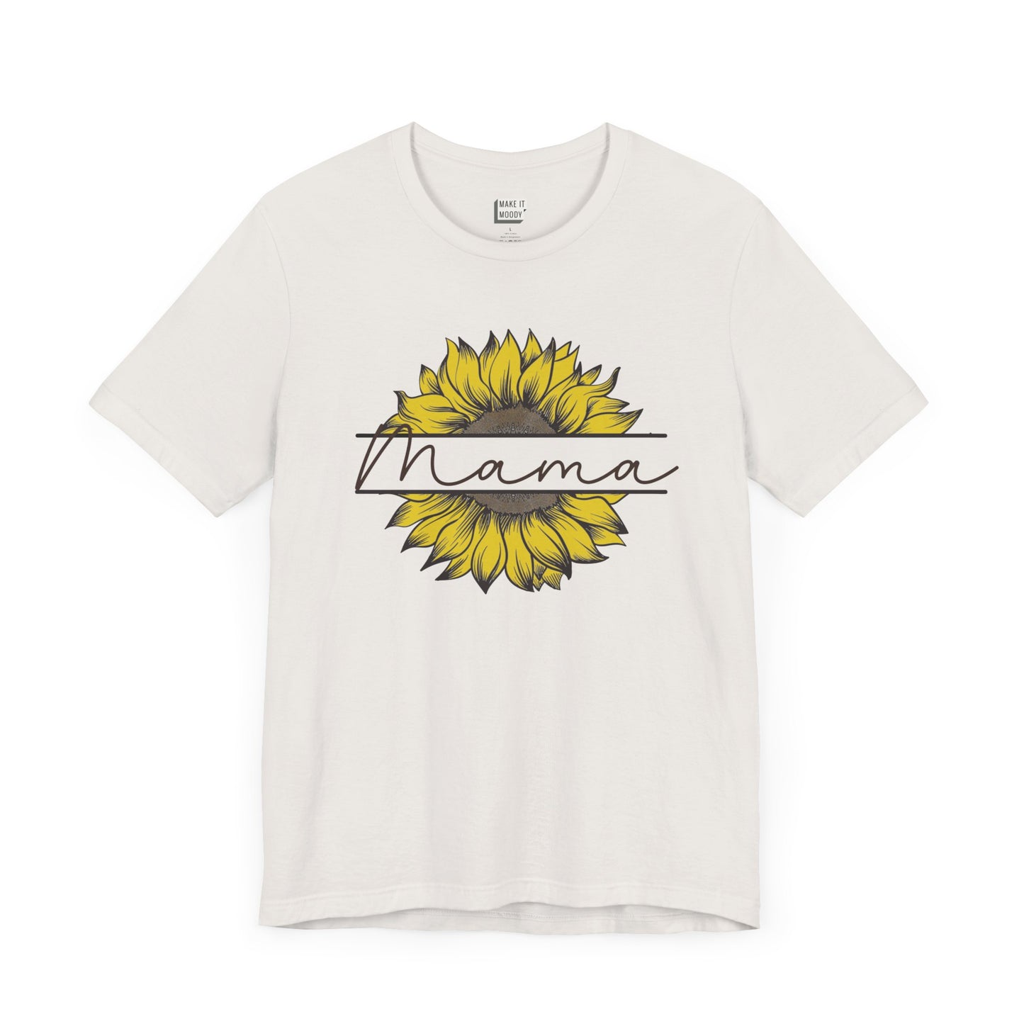 Mom t-shirt in vintage white featuring a sunflower graphic with the word Mama across it in script font.