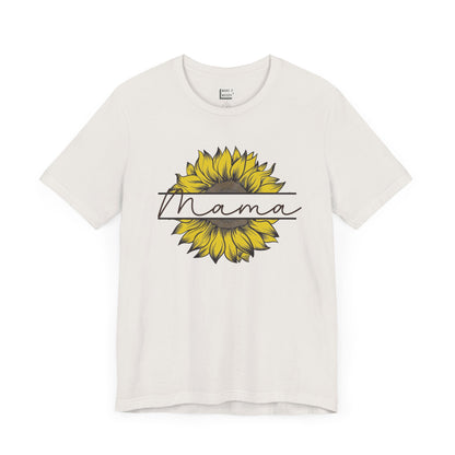 Mom t-shirt in vintage white featuring a sunflower graphic with the word Mama across it in script font.