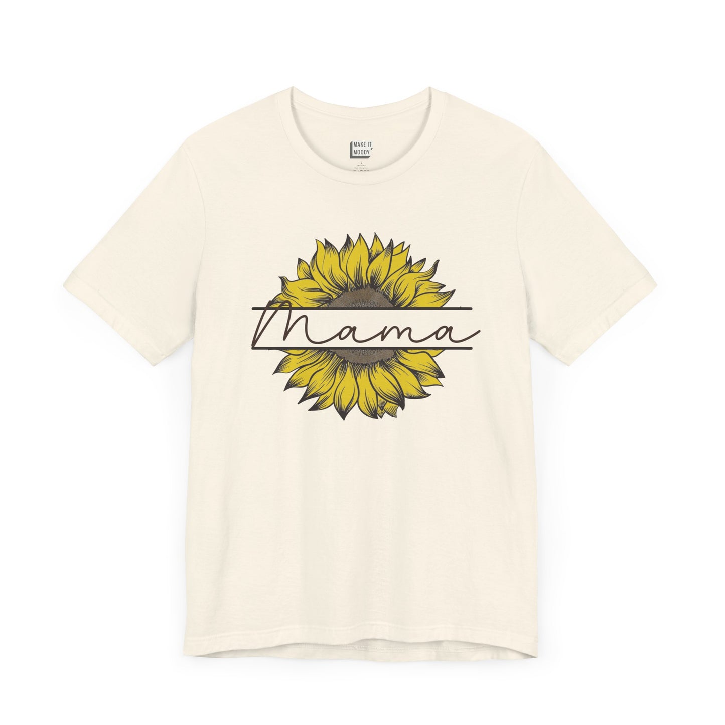 Mom t-shirt in off-white featuring a sunflower graphic with the word Mama across it in script font.