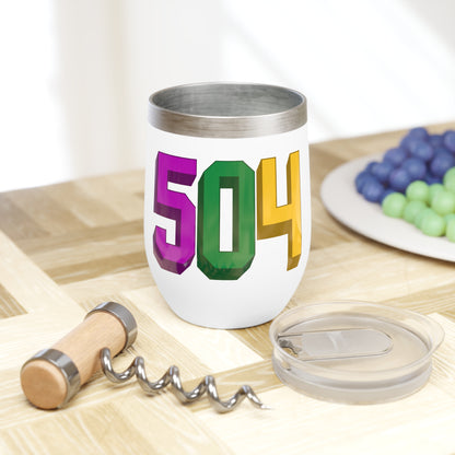 mardi gras themed wine tumbler with "504" area code printed on it