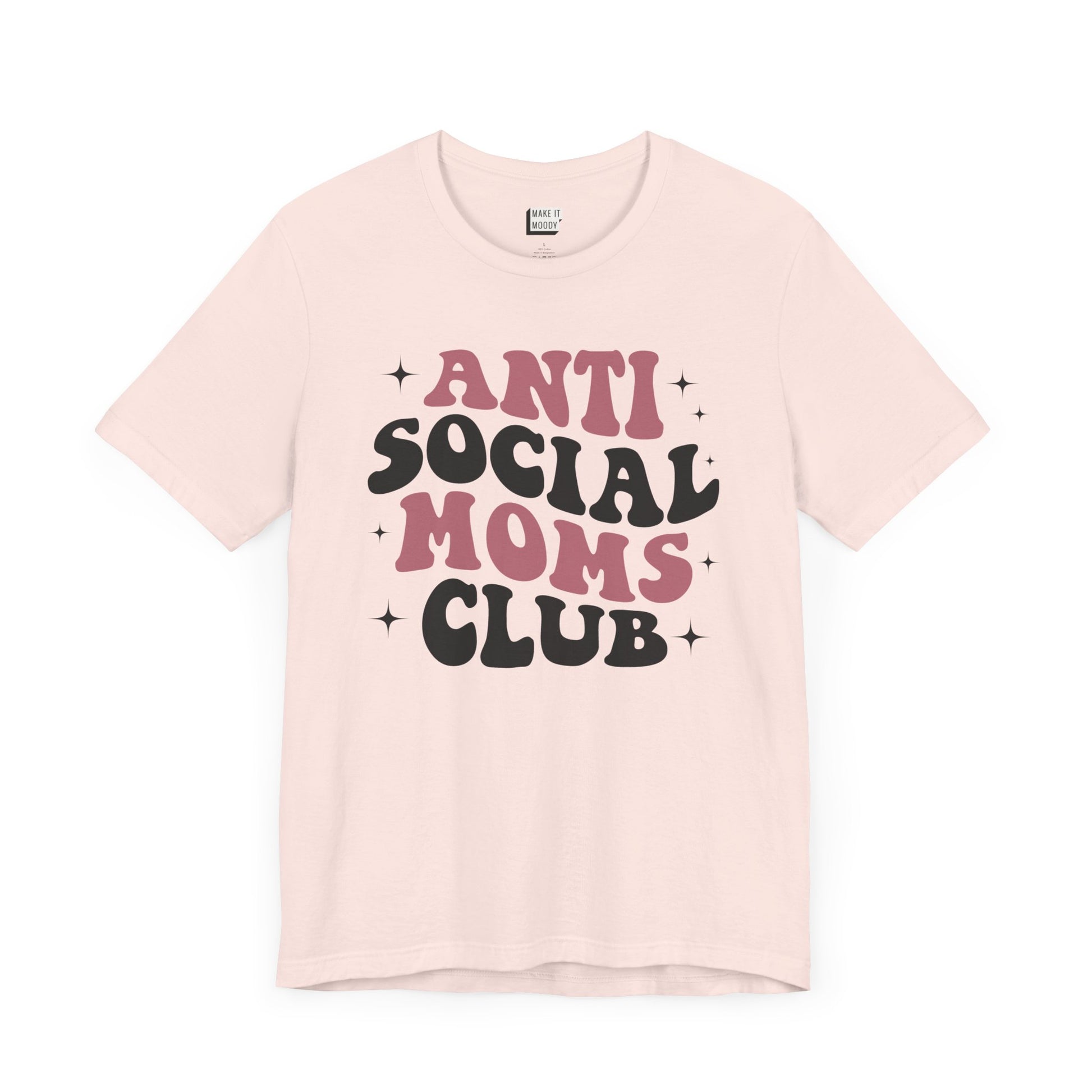 Soft pink funny mom tee that says antisocial moms club in bold retro font.