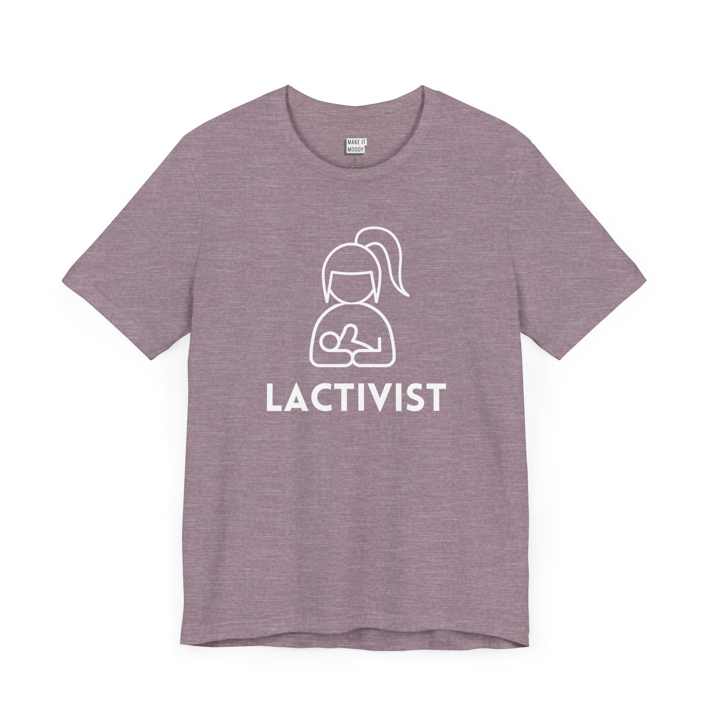 Purple breastfeeding t-shirt that says LACTIVIST with a minimalistic graphic of a mother nursing a baby.