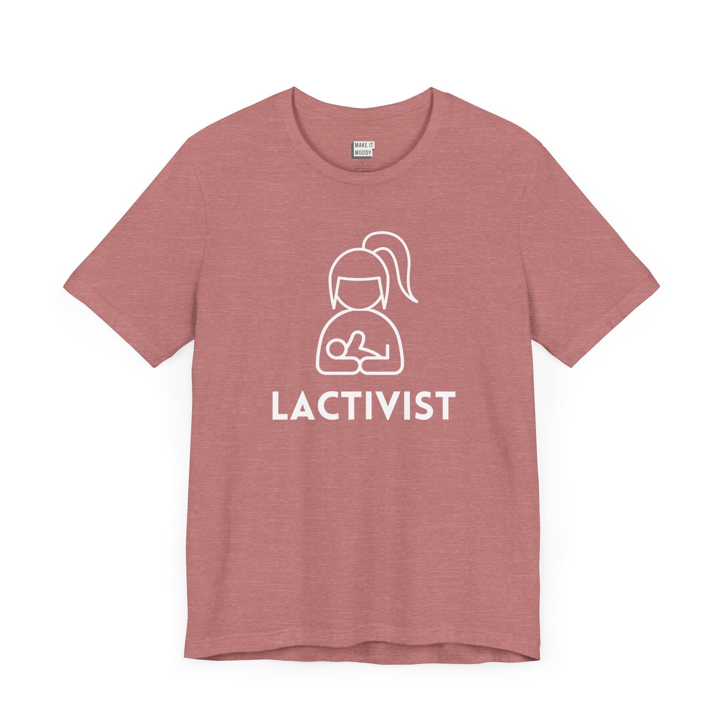 Mauve breastfeeding t-shirt that says LACTIVIST with a minimalistic graphic of a mother nursing a baby.