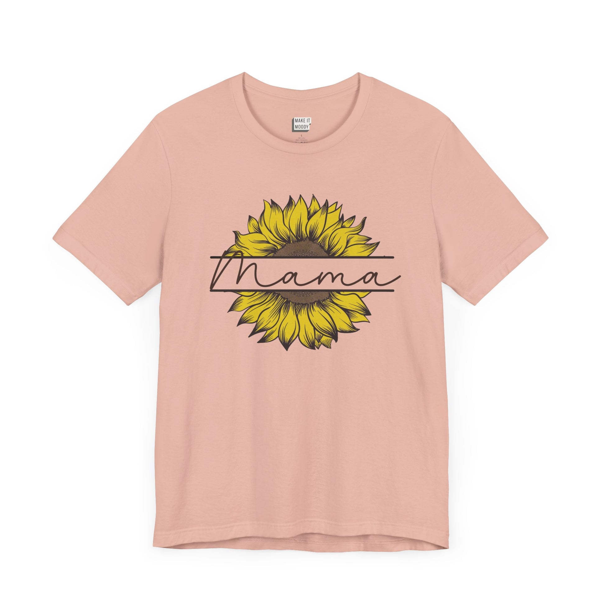 Mom t-shirt in peach featuring a sunflower graphic with the word Mama across it in script font.