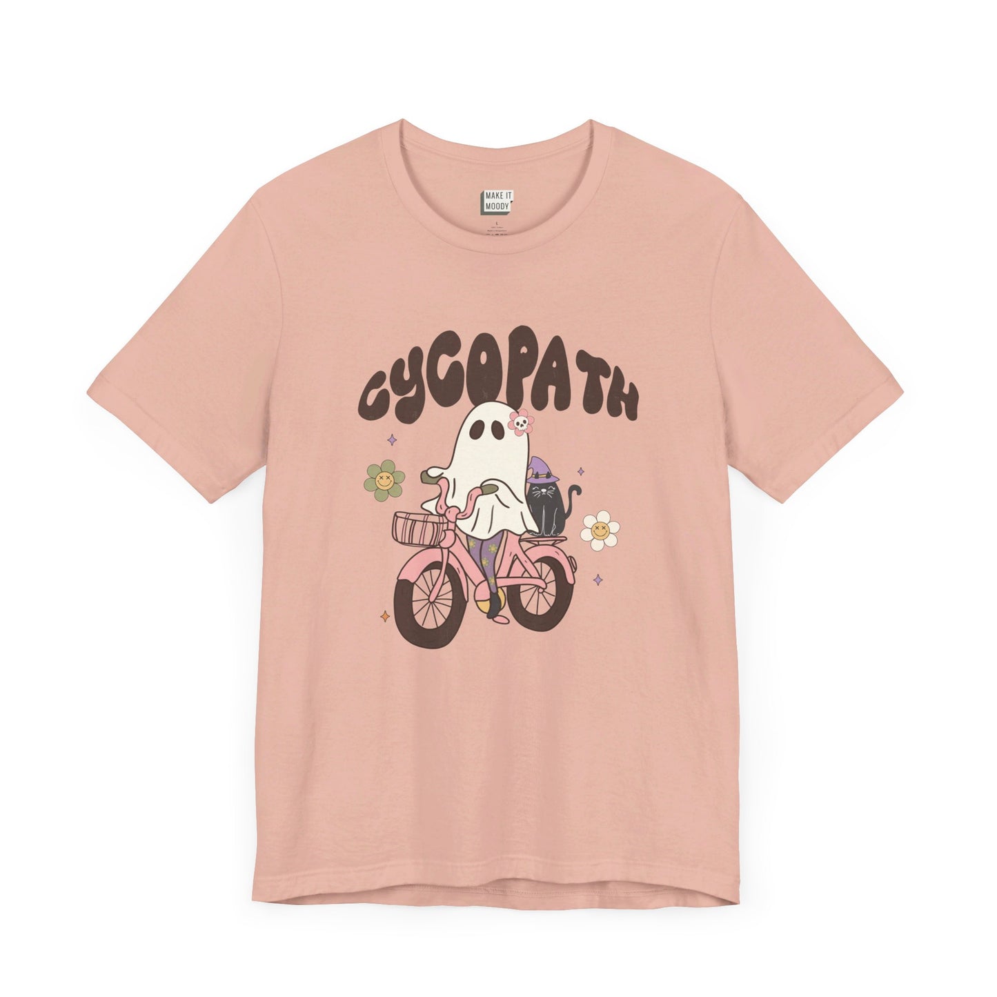 retro style t-shirt with a graphic of a cute ghost riding a bicycle with the lettering cycopath at the top