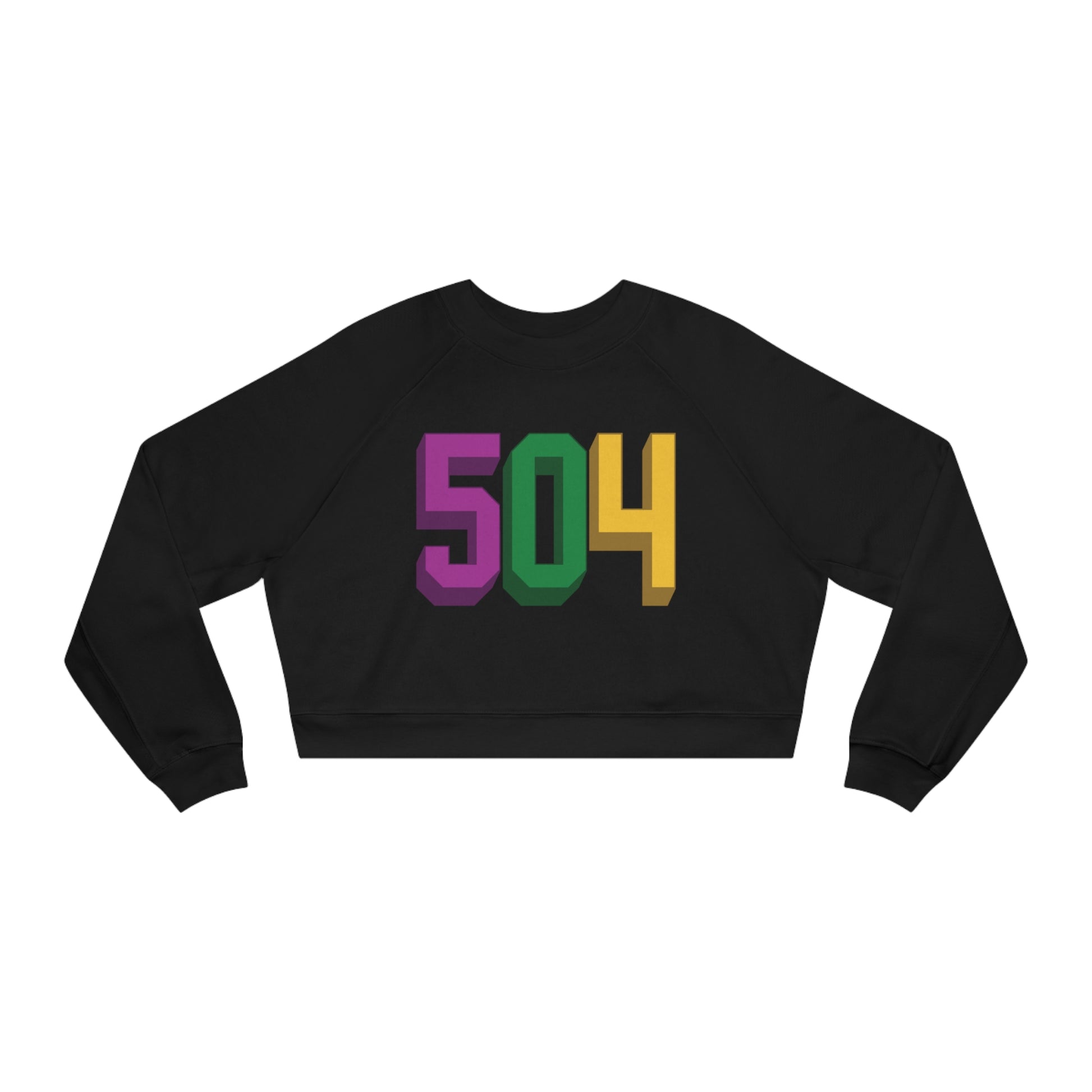 Black women's cropped fleece pullover featuring the New Orleans area code 504 in large bold purple, green, and gold font on the front. 