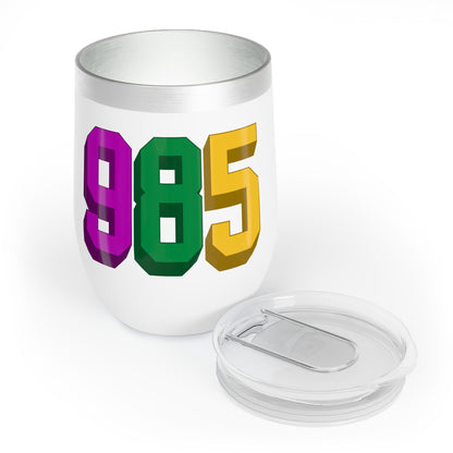 mardi gras themed wine tumbler with "985" area code printed on it